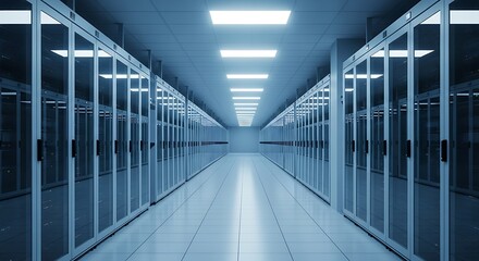 Modern server room with rows of computer racks and glowing lights