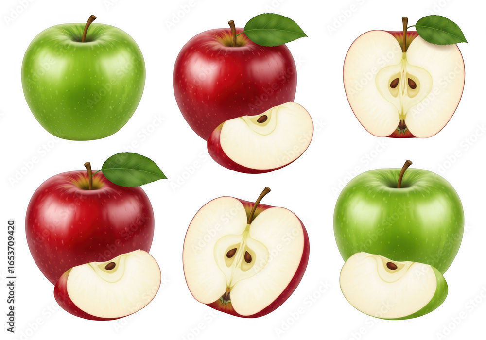 Poster collection of red and green apples whole and sliced isolated on transparent background