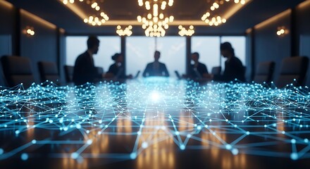 Team in a boardroom with digital network overlay