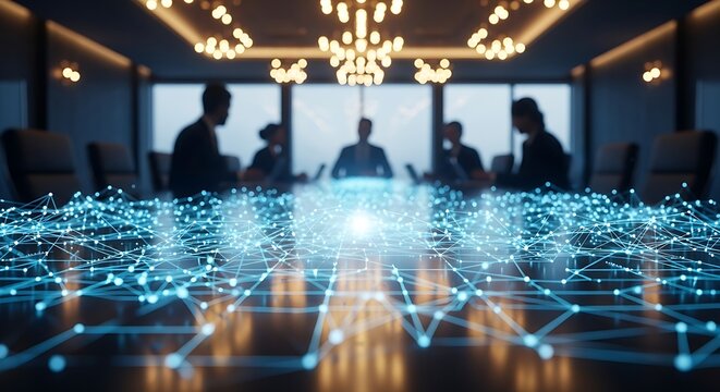 Team in a boardroom with digital network overlay