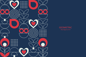 Geometric floral with white and red line art on a blue background, featuring abstract shapes, hearts, circles, leaves, in a retro style with copy space, perfect for minimalist design themes
