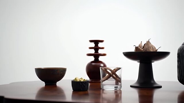 Elegant Still Life Composition Featuring Wooden Lacquerware and Ceramic Vessels on Polished Wood Table Against White Background
