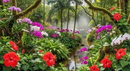Fototapeta premium Lush Tropical Garden Scene with Orchids, Hibiscus, and a Serene Stream
