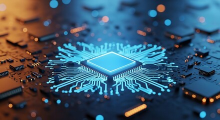 Abstract glowing computer processor with blue circuits