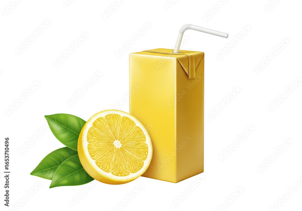 Poster yellow juice box with lemon slice and leaves isolated on transparent background