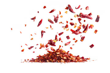 Pile of crushed red pepper flakes exploding spicy seasoning ingredient food photography and transparent background isolated on transparent background