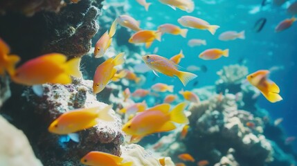 Obraz premium Coral reef teeming with orange and yellow fish underwater