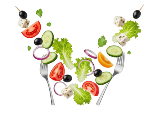 Fresh salad ingredients flying in a u shape isolated on transparent background