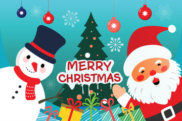 Playful Christmas illustration featuring a smiling Santa and snowman peeking out, surrounded by gifts, ornaments, snowflakes, and a festive tree with bold Merry Christmas text.
