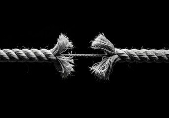 A powerful black-and-white close-up of a fraying rope with a single, thin strand holding it together, symbolizing stress, tension, crisis, and the concept of a breaking point.