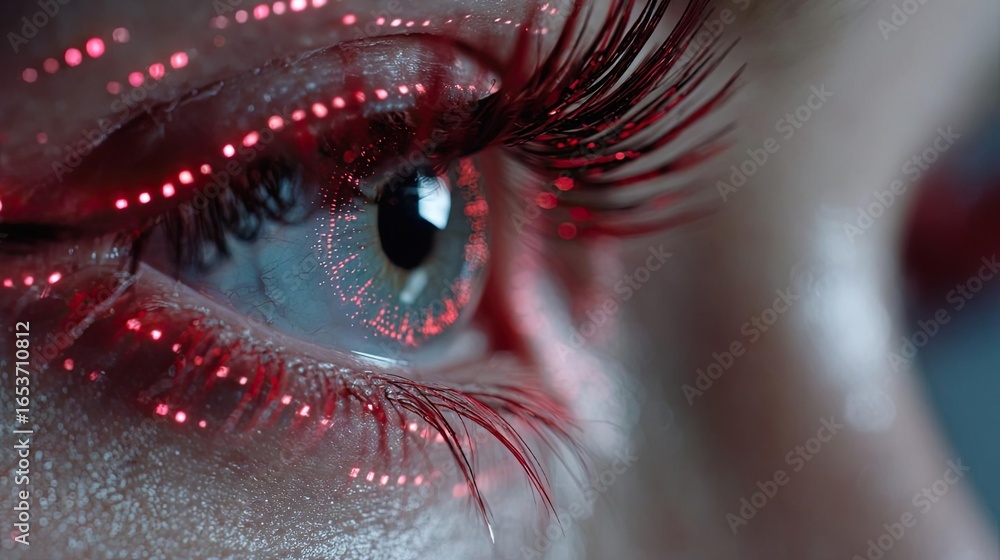 Poster swollen lashes and fatigue with visual concept. a close-up view of an eye enhanced with neon light e