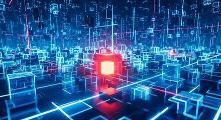 Futuristic digital cityscape with glowing blue cubes and red core