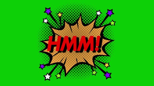 Animated Comic HMM! Pop Art Text Explosion on Green Screen & Black Background, 4K