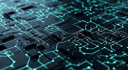 Close up of a digital circuit board with glowing blue and green lines