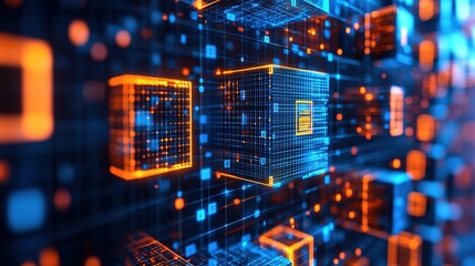 Abstract digital network with interconnected glowing cubes in blue and orange.