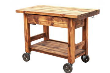 Rustic wooden kitchen island cart with wheels, butcher block table, mobile prep station, handmade furniture, wood texture, isolated on transparent background