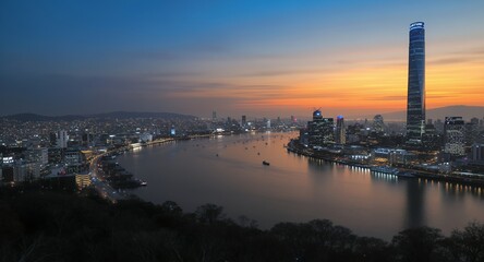 Obraz premium Stunning Cityscape at Sunset River, Skyline, and Modern Tower