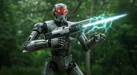 Futuristic Battle Robot with Red Eyes Holding Electric Gun in Forest Setting