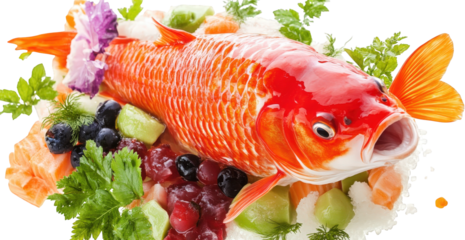 A decorative koi fish presented with sushi ingredients isolated on white isolated on transparent background