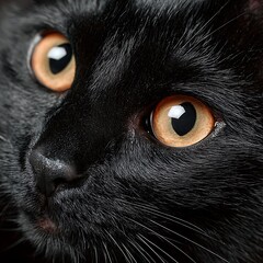 Closeup portrait of black cat face with amber eyes feline beauty and domestic animal photography