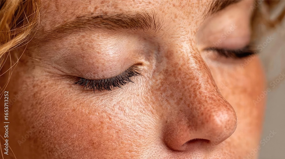Poster Swollen lashes and fatigue with visual concept. Close-up of a serene person with freckles and closed eyes.