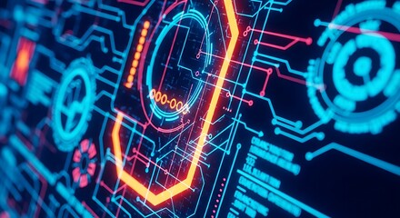 Futuristic digital interface with glowing circuits and data