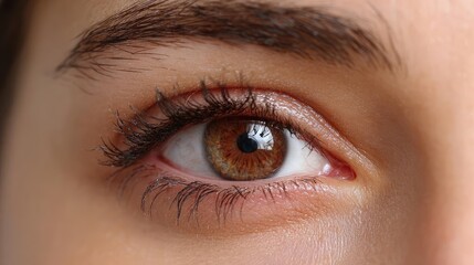 Fototapeta premium Swollen lashes and fatigue with visual concept. Close-up of a person's beautiful brown eye with long eyelashes.