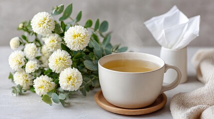 Puffy treatment for cold and irritation concept. A warm cup of tea beside fresh flowers on a cozy table setting.