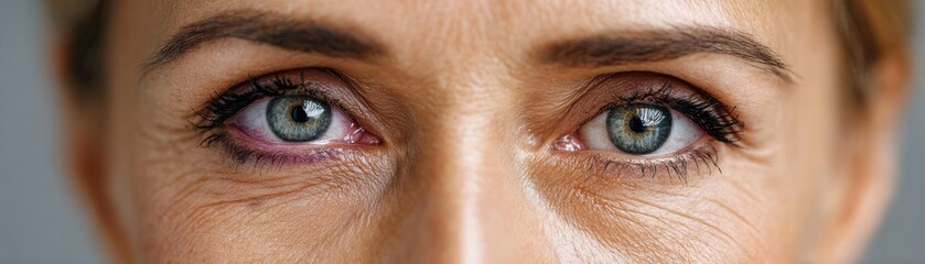 Obraz premium Swollen bags under circles and irritation concept. Close-up portrait highlighting the beauty of human eyes.