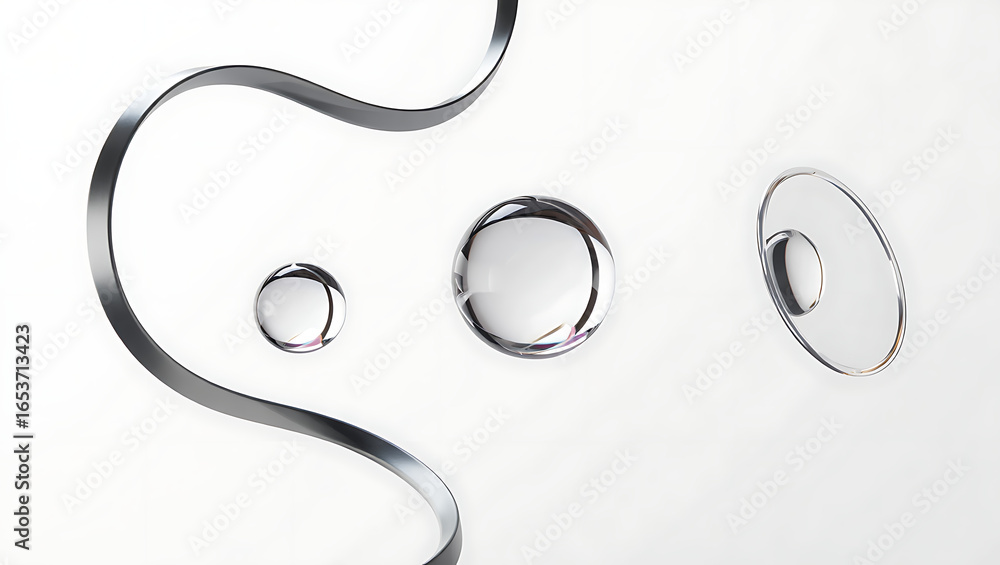 Poster close up macro shot of water droplets on a white surface with a curved metallic ribbon creating abst