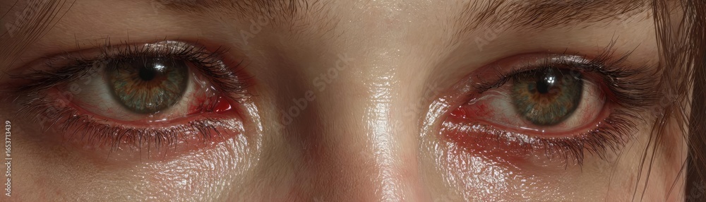 Poster swollen lashes and fatigue with visual concept. close-up view of eyes reflecting deep emotions and i