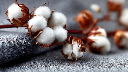A close-up of a cotton boll on a grey fabric, with a blurred background.