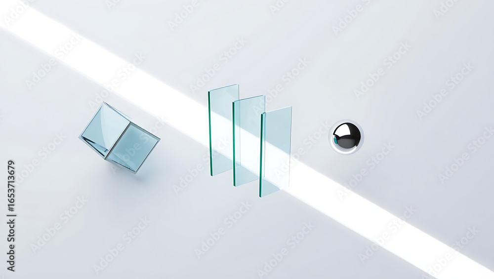 Poster abstract composition of translucent geometric shapes and a metallic sphere on a light background wit