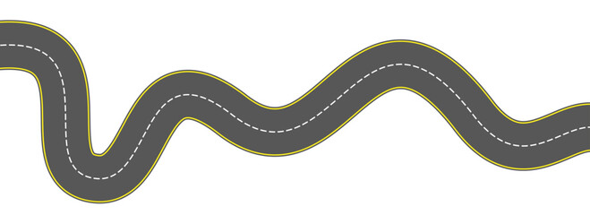 Top view winding road concept. Curve highway lane or wavy race track. Turning street road route. Town or city pavement asphalt path turn. Wiggly roadway drive stripe element. Vector illustration © vika_k