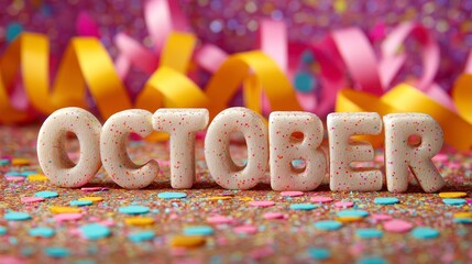 October Word Cookies with Colorful Confetti and Ribbons Celebrating Fall Festivities