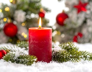Red candle surrounded by snow and Christmas decorations
