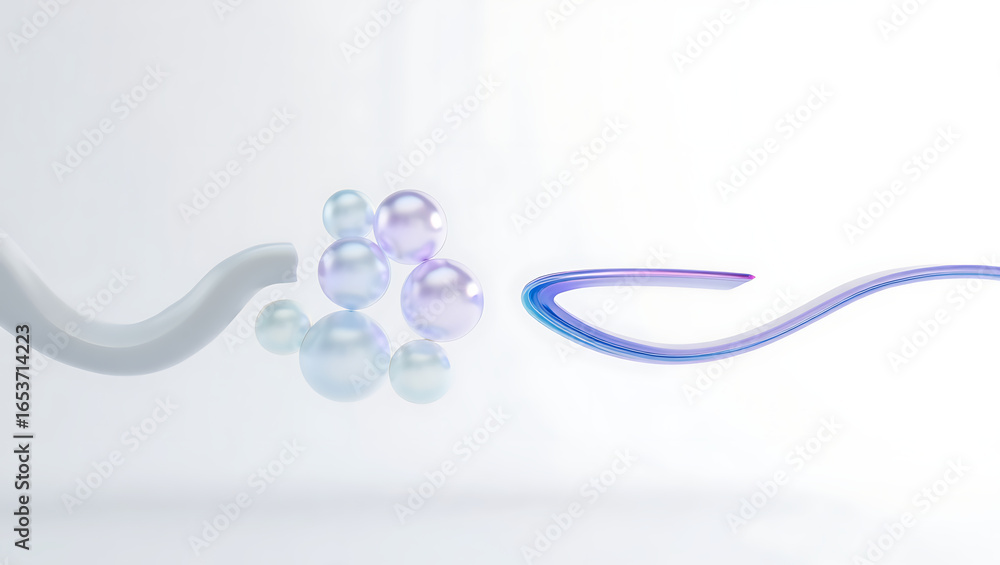 Poster abstract flowing liquid curves and translucent spheres in a clean white environment with subtle purp