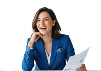 Smiling businesswoman in blue suit analyzing charts and graphs isolated on transparent background png image, professional woman, isolated on transparent background