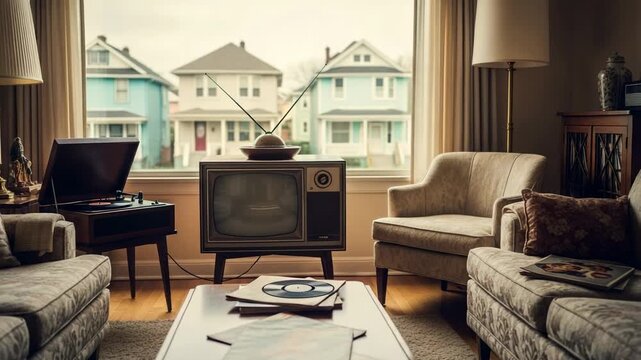 Retro living room interior with a vintage television and record player. Nostalgic 1970s suburban home scene with old furniture and a window view.