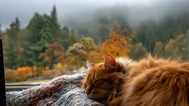 A Fluffy Orange Cat Napping Comfortably On A Window Seat With A Misty Forest View