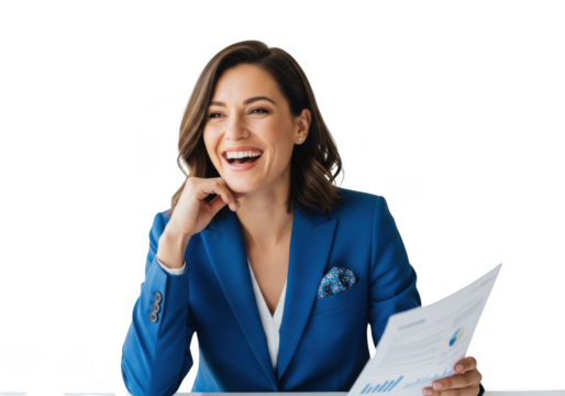Smiling businesswoman in blue suit analyzing charts and graphs isolated on transparent background png image, professional woman, isolated on transparent background