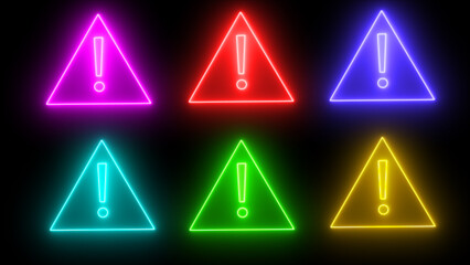 Six colorful neon warning signs with exclamation points on black background