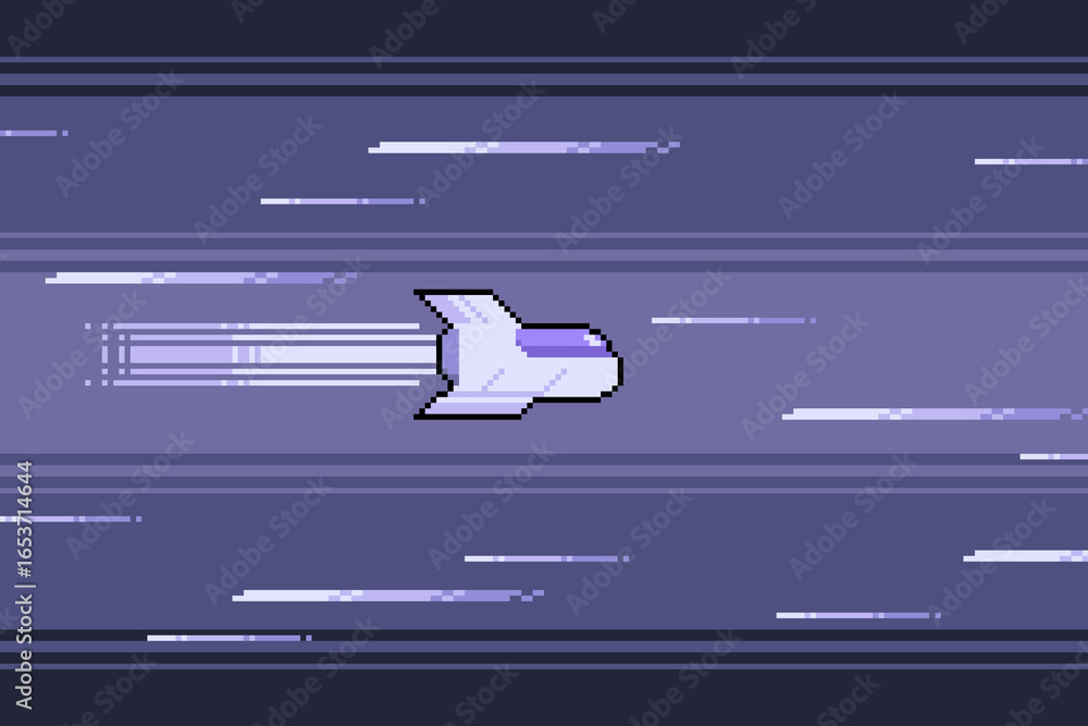 Poster concept of spaceship on side way view with speed lines, purple color tone, pixel art
