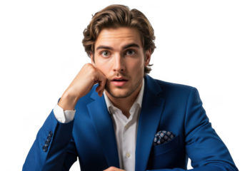 Surprised handsome man in blue suit with hand on cheek looking shocked png image stock photo, isolated on transparent background