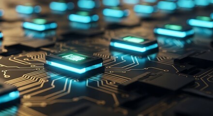 Closeup of glowing blue computer chips on a circuit board