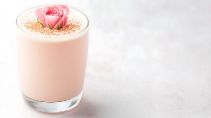Delicate pink rose smoothie with toppings in a tall glass