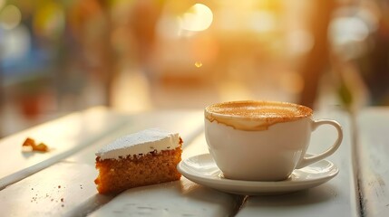 Cozy coffee break with a slice of cake outdoors