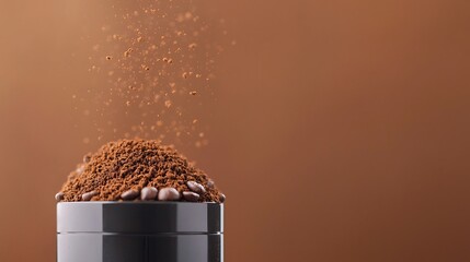 Freshly ground coffee beans pouring into a grinder