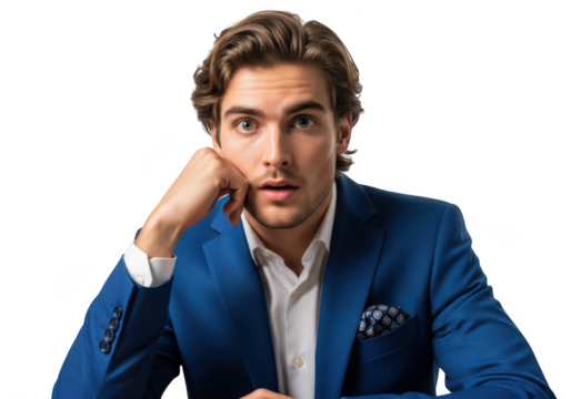 Surprised handsome man in blue suit with hand on cheek looking shocked png image stock photo, isolated on transparent background