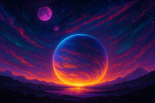 twin moons over alien planet with colorful sky and mountains in outer space artificial intelligence tech Background